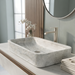 White marble finish rectangular table top wash basin with elegant grey veining, softly rounded corners and 29.5 inch countertop design for modern luxury bathrooms.