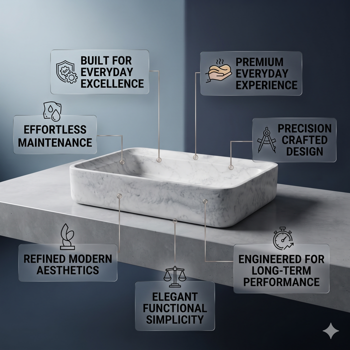 White marble finish rectangular table top wash basin with elegant grey veining, softly rounded corners and 29.5 inch countertop design for modern luxury bathrooms.