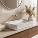 White marble finish rectangular table top wash basin with elegant grey veining, softly rounded corners and 29.5 inch countertop design for modern luxury bathrooms.
