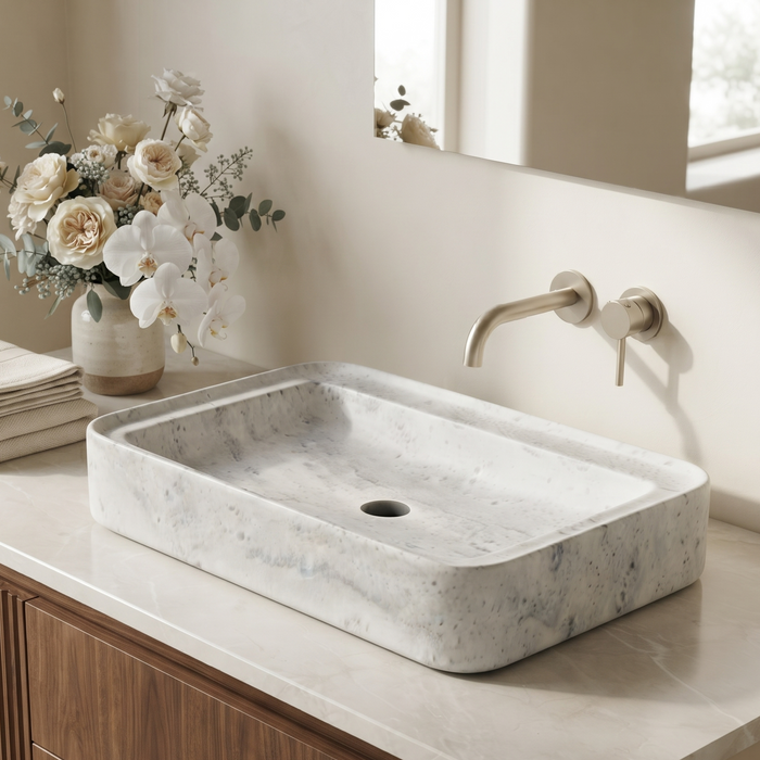 White marble finish rectangular table top wash basin with elegant grey veining, softly rounded corners and 29.5 inch countertop design for modern luxury bathrooms.