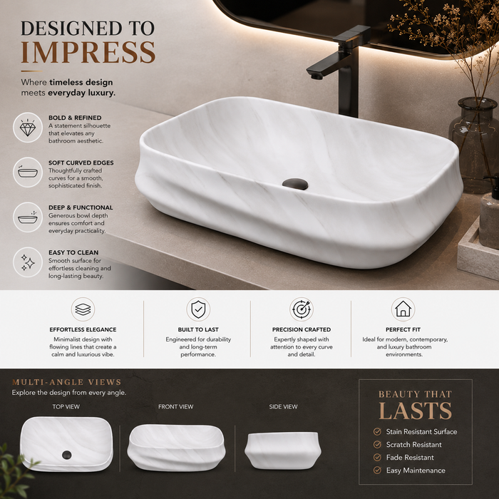 White marble pattern matte ceramic table top wash basin, 600x430x150 mm, with sculpted rectangular design for modern luxury bathrooms.