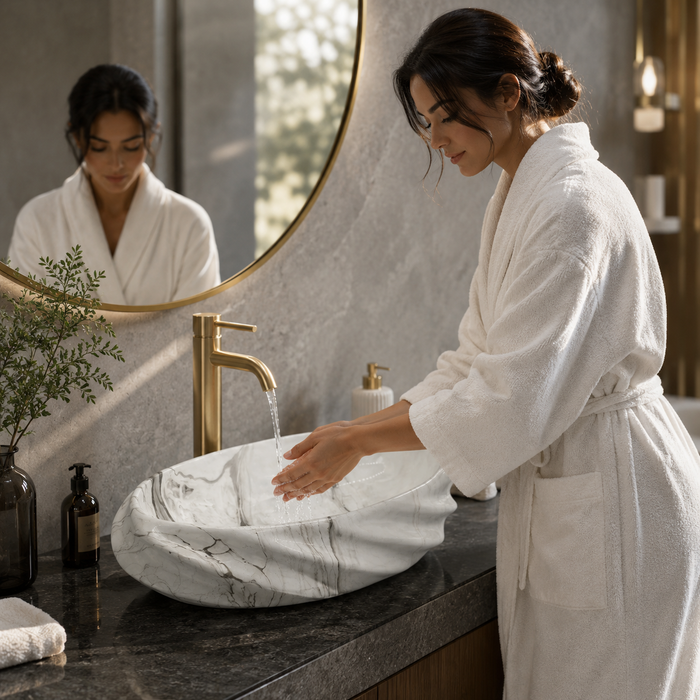 White marble pattern oval ceramic table top wash basin 540x340x150 mm with grey veining and sculpted wave design for modern bathrooms.