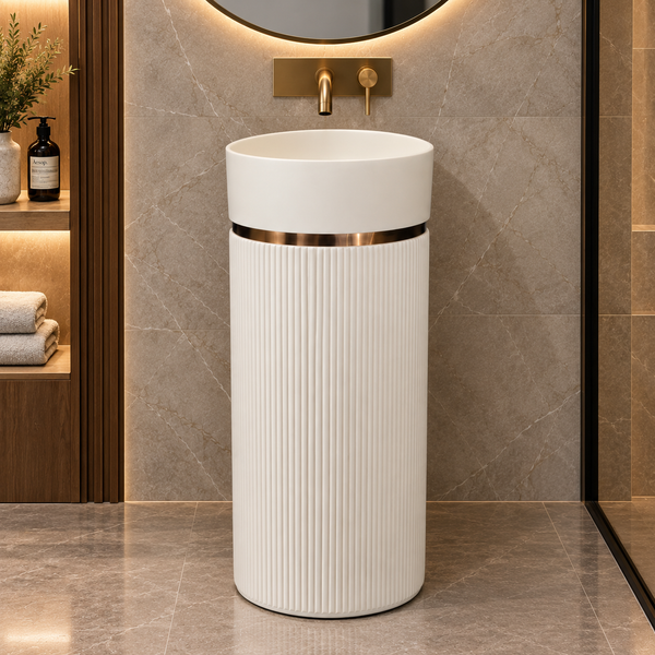 White Artificial Stone Freestanding Pedestal Wash Basin 16×16×34 Inch – Matte Finish with Fluted Design & Gold Accent for Luxury Bathrooms