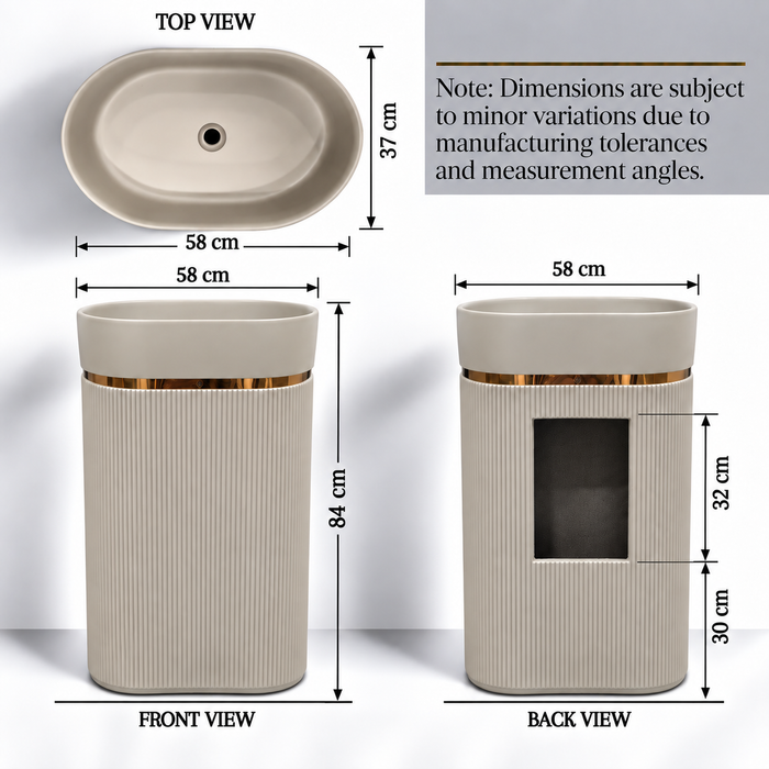 White matte artificial stone freestanding pedestal wash basin with oval bowl, vertical fluted design and gold accent, 600×380×860 mm luxury bathroom sink.