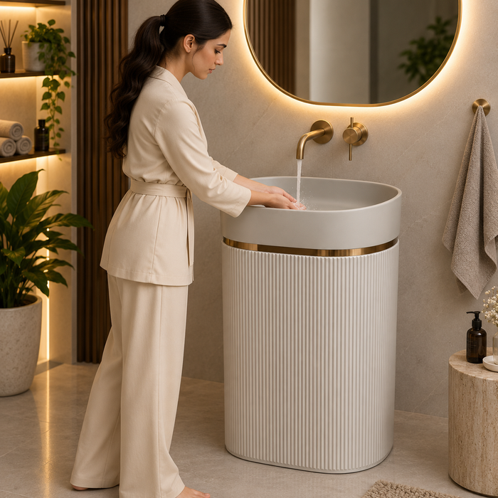 White matte artificial stone freestanding pedestal wash basin with oval bowl, vertical fluted design and gold accent, 600×380×860 mm luxury bathroom sink.