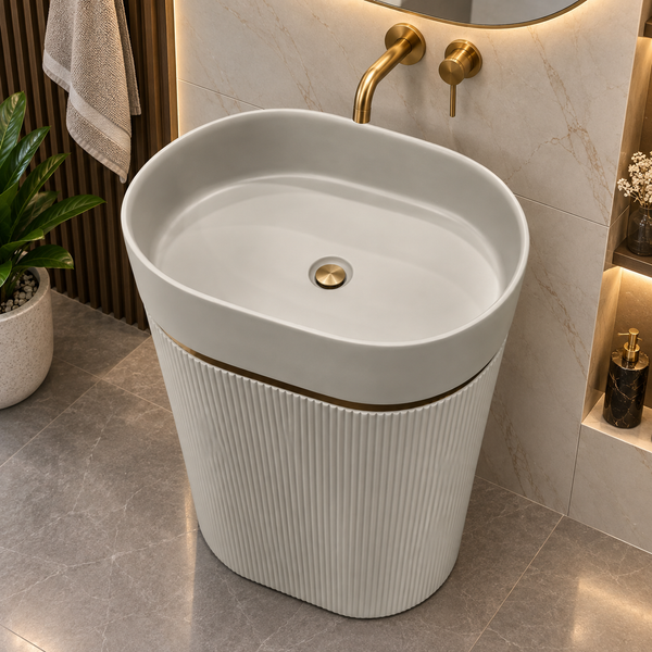 White Artificial Stone Freestanding Pedestal Wash Basin 24×15×34 Inch – Matte Finish with Oval Bowl, Fluted Design & Gold Accent for Luxury Bathrooms