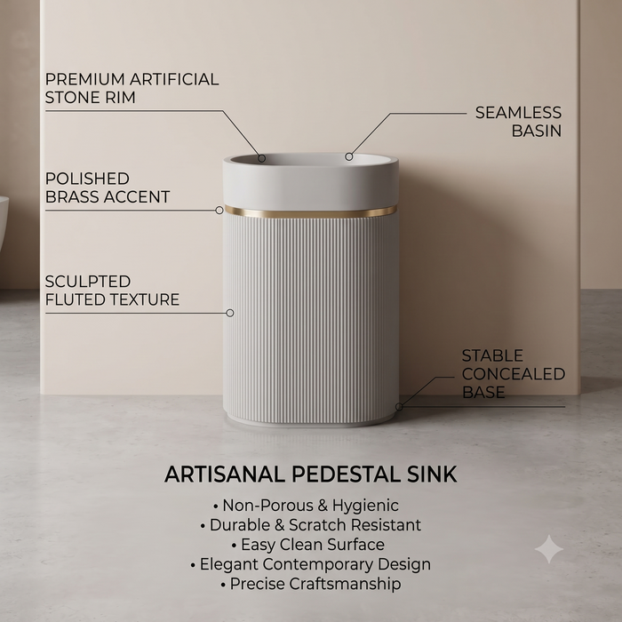 White matte artificial stone freestanding pedestal wash basin with oval bowl, vertical fluted design and gold accent, 600×380×860 mm luxury bathroom sink.