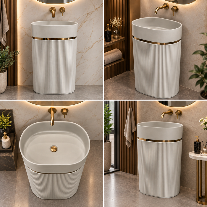 White matte artificial stone freestanding pedestal wash basin with oval bowl, vertical fluted design and gold accent, 600×380×860 mm luxury bathroom sink.