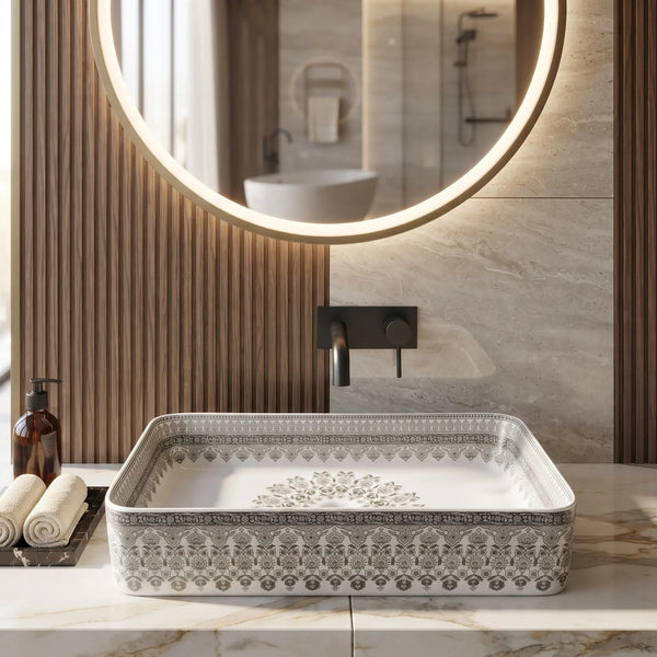 Rectangular Table Top Wash Basin – White with Grey Floral Pattern & Decorative Border (24x14x4.5 In)