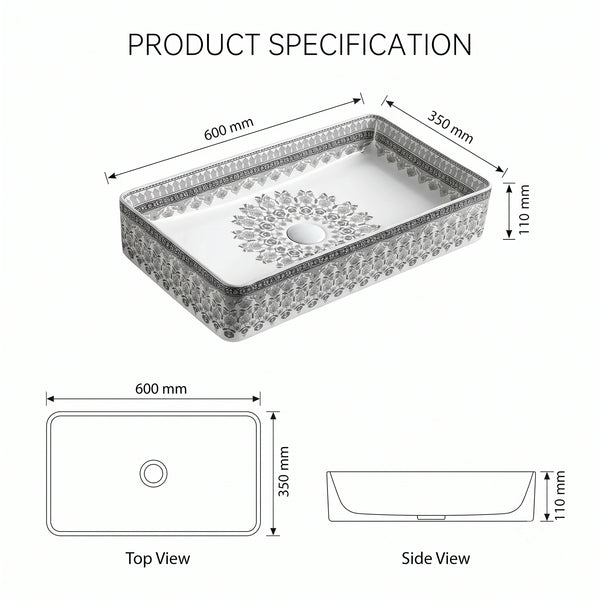Rectangular Table Top Wash Basin – White with Grey Floral Pattern & Decorative Border (24x14x4.5 In)
