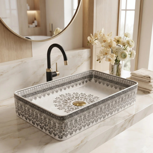 Rectangular Table Top Wash Basin – White with Grey Floral Pattern & Decorative Border (24x14x4.5 In)