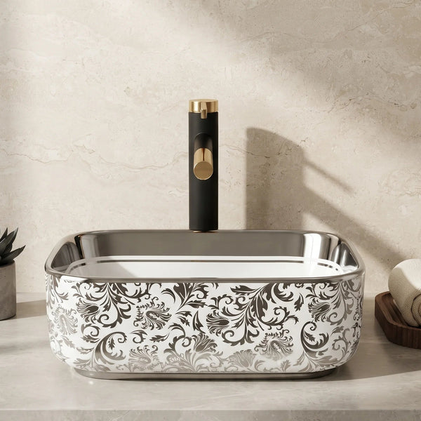 Rectangular Table Top Wash Basin – White & Silver Floral Design with Metallic Rim (16x12x6 In)