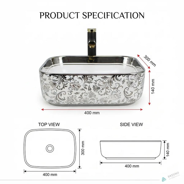 Rectangular Table Top Wash Basin – White & Silver Floral Design with Metallic Rim (16x12x6 In)
