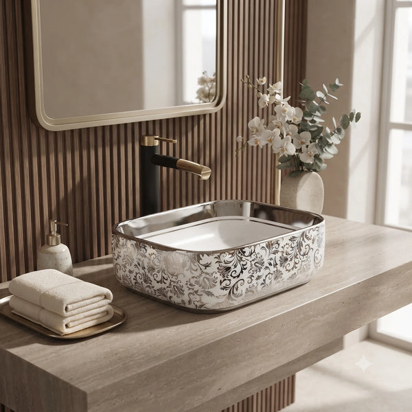 Rectangular Table Top Wash Basin – White & Silver Floral Design with Metallic Rim (16x12x6 In)