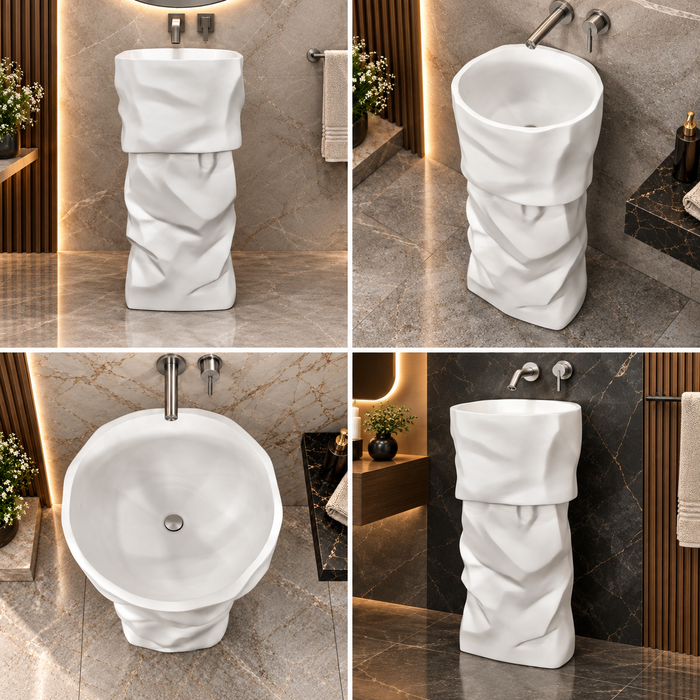 White sculptural freestanding pedestal wash basin 17.7 x 17.7 x 33.9 inch with irregular textured design for modern luxury bathroom interior.