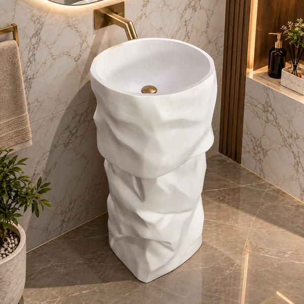 Luxury Sculpted Artificial Pedestal Basin | Designer Freestanding Wash Basin | 20 × 20 × 36 In - ZXPB/67