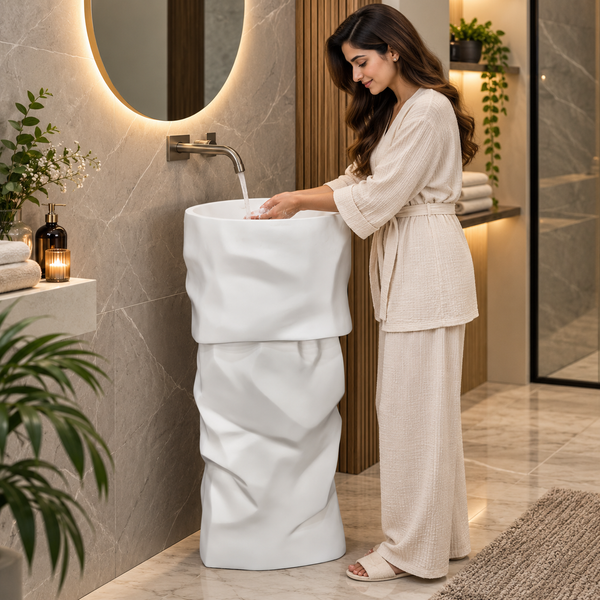 Luxury Sculpted Artificial Pedestal Basin | Designer Freestanding Wash Basin | 20 × 20 × 36 In - ZXPB/67