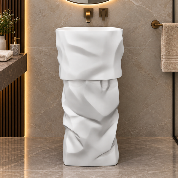 Luxury Sculpted Artificial Pedestal Basin | Designer Freestanding Wash Basin | 20 × 20 × 36 In - ZXPB/67
