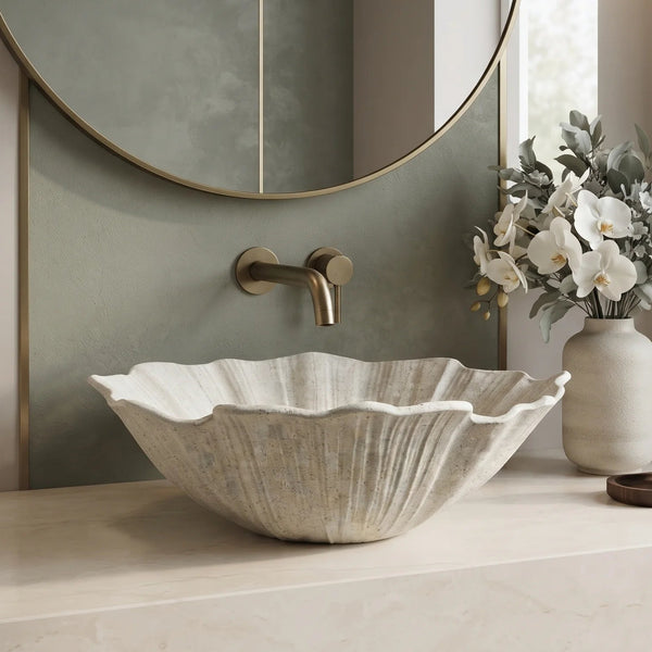 Beige Seashell Design Artificial Stone Table Top Wash Basin – 18.5 × 15.5 × 7 Inch | Luxury Designer Countertop Basin