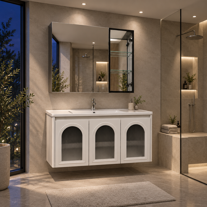 White wall-mounted bathroom vanity set with three arched fluted glass doors, integrated ceramic basin and mirror storage cabinet, 1000 mm wide.