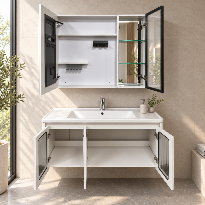 White wall-mounted bathroom vanity set with three arched fluted glass doors, integrated ceramic basin and mirror storage cabinet, 1000 mm wide.