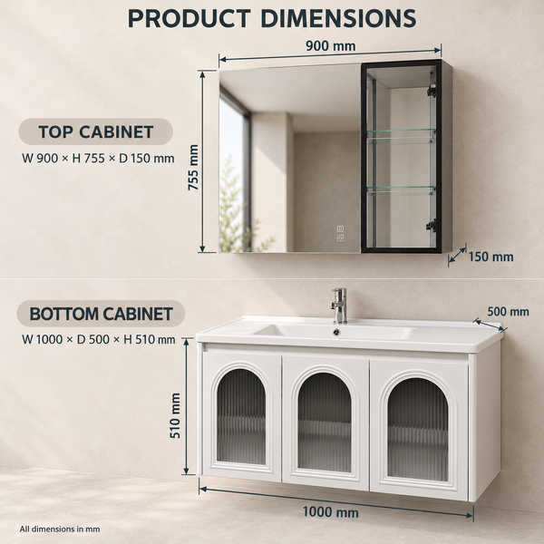 1000mm White Wall-Mounted Bathroom Vanity Set with Ceramic Basin, Mirror Cabinet & Arched Fluted Glass