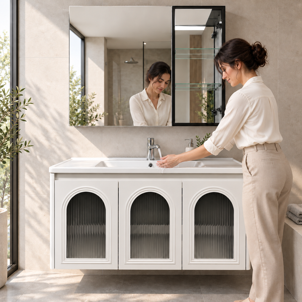 1000mm White Wall-Mounted Bathroom Vanity Set with Ceramic Basin, Mirror Cabinet & Arched Fluted Glass