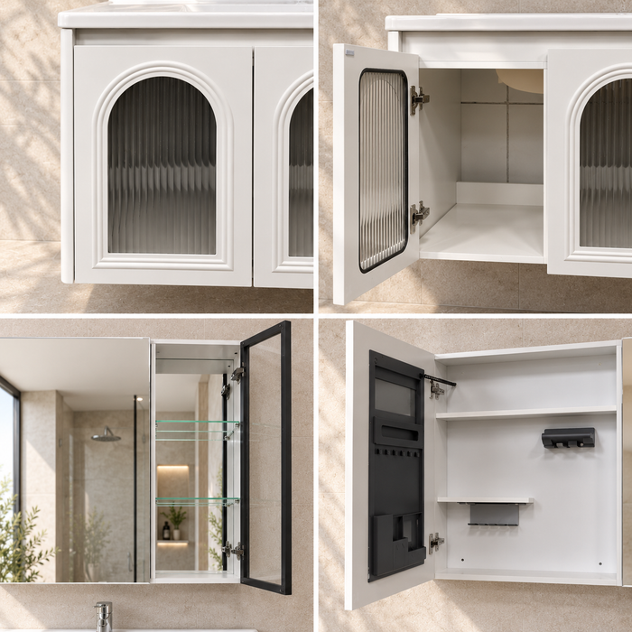White wall-mounted bathroom vanity set with three arched fluted glass doors, integrated ceramic basin and mirror storage cabinet, 1000 mm wide.