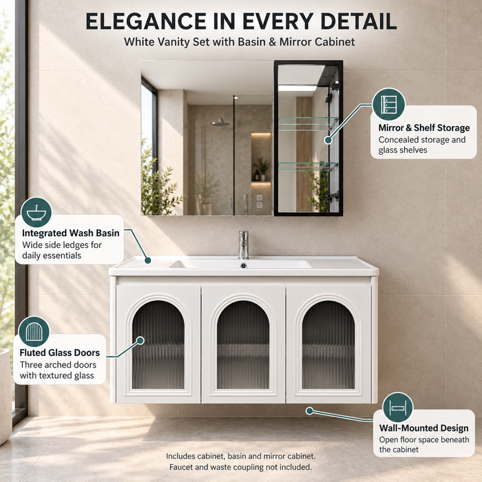 White wall-mounted bathroom vanity set with three arched fluted glass doors, integrated ceramic basin and mirror storage cabinet, 1000 mm wide.