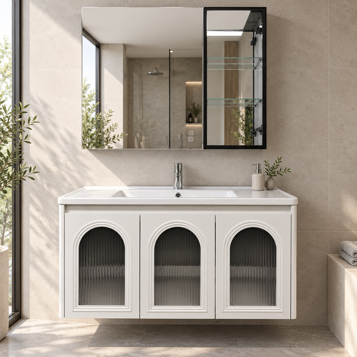 White wall-mounted bathroom vanity set with three arched fluted glass doors, integrated ceramic basin and mirror storage cabinet, 1000 mm wide.