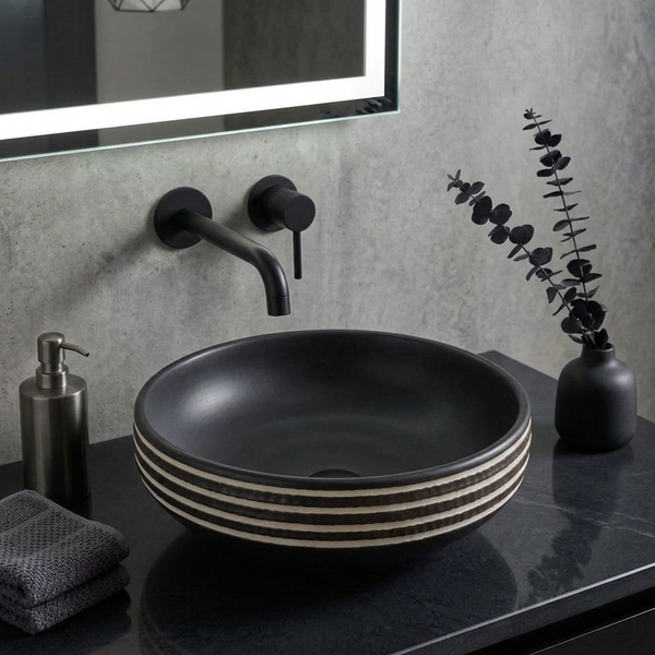 BASSINO Zebra Artisan Circular Ceramic Vessel Sink (16 x 16 x 6 Inches)