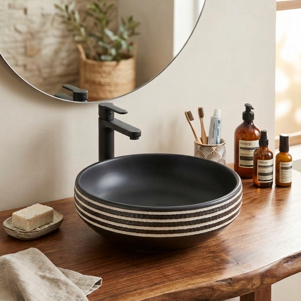 BASSINO Zebra Artisan Circular Ceramic Vessel Sink (16 x 16 x 6 Inches)