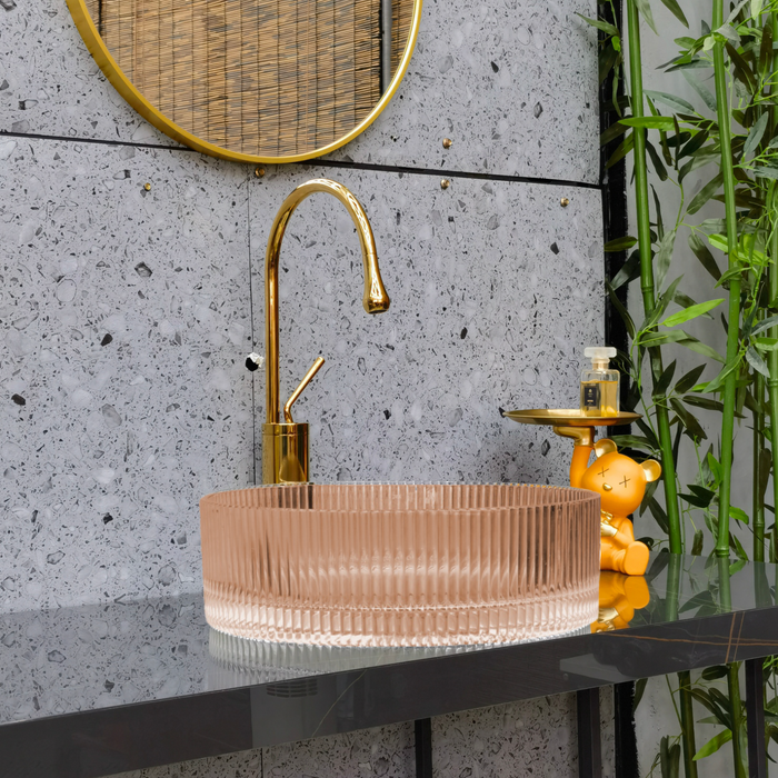 Bassino Modern Transparent Glass Wash Basin | Stylish Countertop Wash Basin for Bathroom–395x395x160 mm Rose gold
