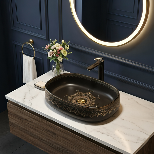 Designer Ceramic Wash Basin Moroccan design | 21 x 14 x 6 In | Black