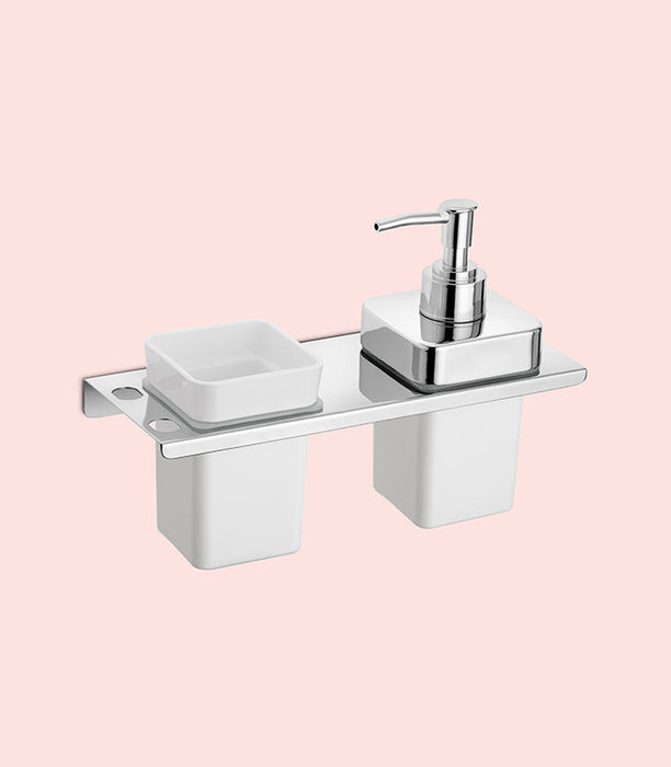 BASSINO Stylish Toothbrush Tumbler & Liquid Soap Dispenser For Bathroom/office/home-SS 304 & PTMT Material-CHROME FINISH