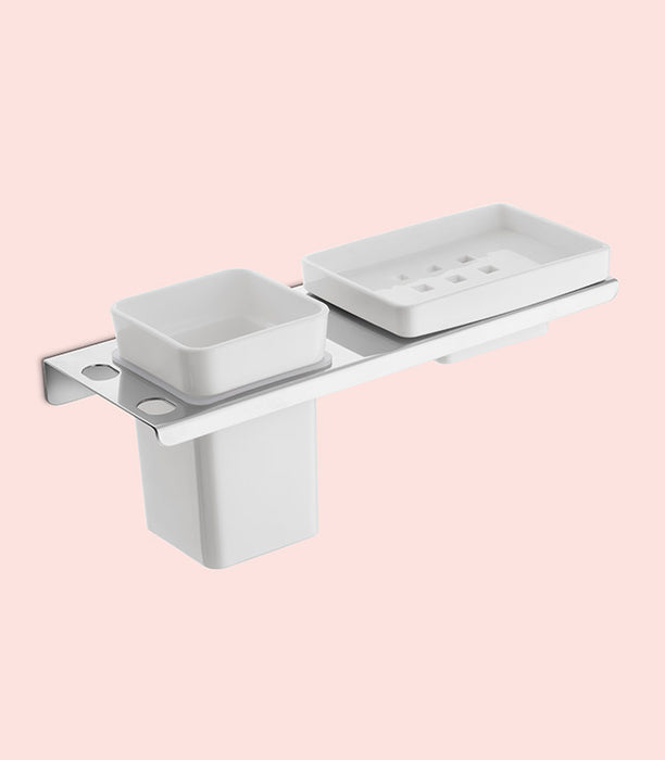 BASSINO Stylish Soap Dish & Toothbrush Tumbler Holder For Bathroom-SS 304 & PTMT Material-CHROME FINISH