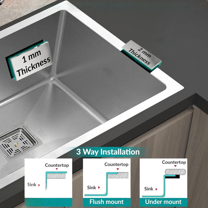 Premium SS 304 Grade Double Different Bowl Kitchen Sink, Matte, 32x18x9 In, 25 Years Warranty