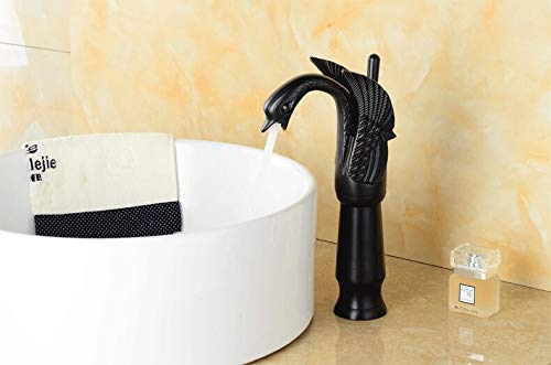 BASSINO Brass Black Swan Shape Bathroom Sink Wash Basin Mixer Tap Single Handle Hot & Cold Waterfall Lavatory Sink Faucet for Living Room & Bathroom (BTT-2048, 12 INCH)
