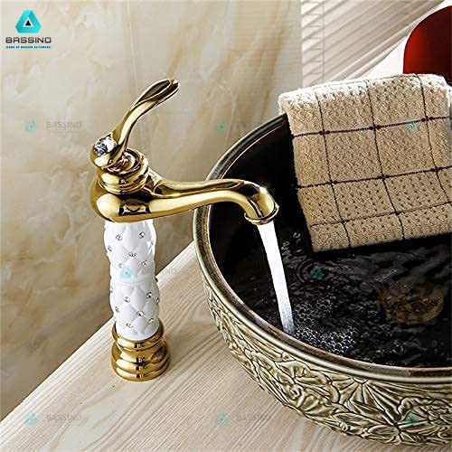 BASSINO Stylish Bathroom Faucet with Single Lever -Bathroom Basin Faucet of Brass - Hot and Cold Water Mixer Tap for Bathroom (Gold) BTT_2012