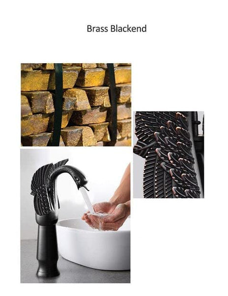 BASSINO Brass Black Swan Shape Bathroom Sink Wash Basin Mixer Tap Single Handle Hot & Cold Waterfall Lavatory Sink Faucet for Living Room & Bathroom (BTT-2048, 12 INCH)