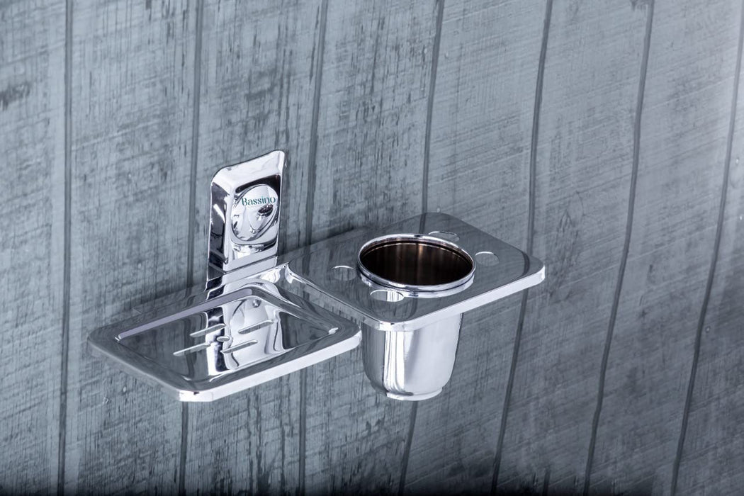 Bassino Stainless Steel Bathroom SOAP Dish with Toothbrush Holder/Soap Stand/Soap Dish for Batroom/Bathroom Accessories (Chrome Finish) (SOAP Dish with Toothbrush Holder) – Made in India