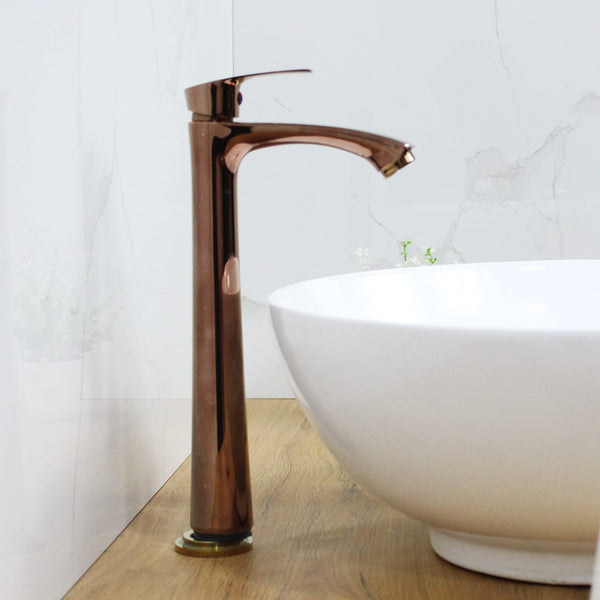 BASSINO Brass Counter top Basin Faucets/Stylish Extended Tall Body Pillar Cock Tap/Coated with Rose Gold - 12 inch