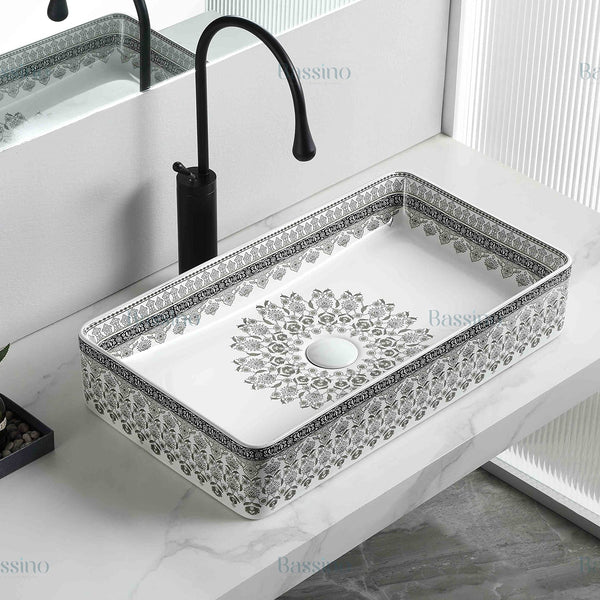 Rectangular Table Top Wash Basin – White with Grey Floral Pattern & Decorative Border (24x14x4.5 In)